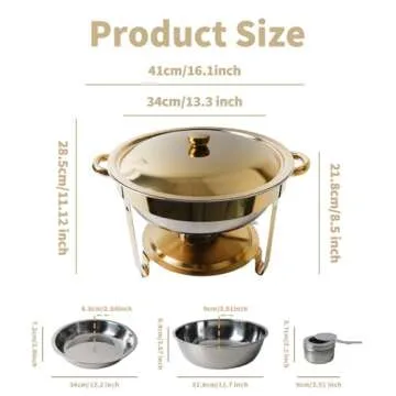 Umisu Chafing Dish for Buffet Set, 4.8 Qt 1 Pack Buffet Servers and Warmers Set with Lid Holder, Gold and Silver Stainless Steel Round Chafers for Catering, Food Warmers for Parties, Dinners, Wedding