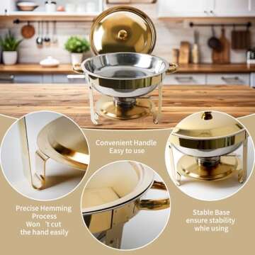 Umisu Chafing Dish for Buffet Set, 4.8 Qt 1 Pack Buffet Servers and Warmers Set with Lid Holder, Gold and Silver Stainless Steel Round Chafers for Catering, Food Warmers for Parties, Dinners, Wedding