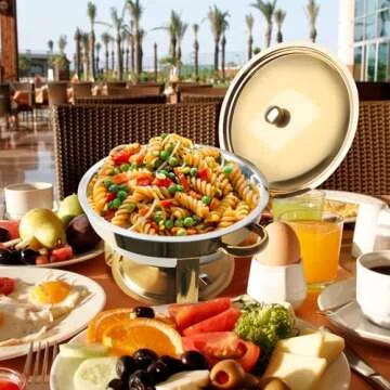 Umisu Chafing Dish for Buffet Set, 4.8 Qt 1 Pack Buffet Servers and Warmers Set with Lid Holder, Gold and Silver Stainless Steel Round Chafers for Catering, Food Warmers for Parties, Dinners, Wedding