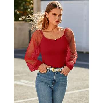 DOROSE Womens Mesh Long Sleeve Shirts Casual Blouses Tops Red M
