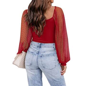 DOROSE Womens Mesh Long Sleeve Shirts Casual Blouses Tops Red M