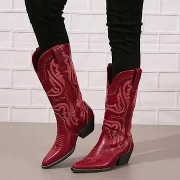 Cowboy Boots for Women Cowgirl Mid Calf Western Boots Embroidered Stitched Pointed Toe Chunky Block Heel Brown Red Black US5-11, red, 7