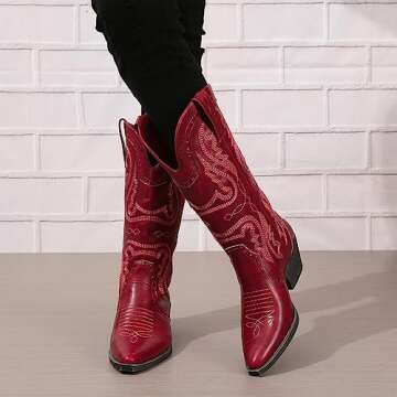 Cowboy Boots for Women Cowgirl Mid Calf Western Boots Embroidered Stitched Pointed Toe Chunky Block Heel Brown Red Black US5-11, red, 7
