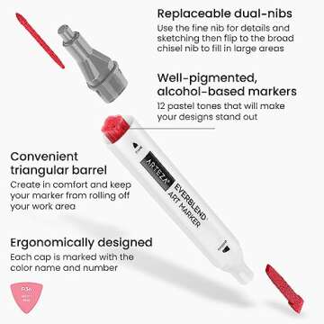 ARTEZA Alcohol Markers Set of 12 Pastel Colors, EverBlend Dual-Tip Markers for Adult Coloring, Sketching and Drawing