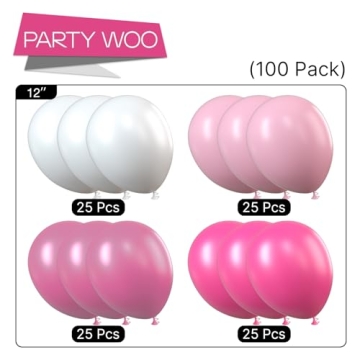 PartyWoo Balloons Pink, 100 pcs 12 in Fuchsia Balloons, White Pink Balloons, Pale Pink Balloons, Hot Pink Balloons, Pink Shade balloons for Pink Baby Shower, Pink Birthday, Pink Wedding,Pink, White