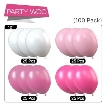PartyWoo Balloons Pink, 100 pcs 12 in Fuchsia Balloons, White Pink Balloons, Pale Pink Balloons, Hot Pink Balloons, Pink Shade balloons for Pink Baby Shower, Pink Birthday, Pink Wedding,Pink, White