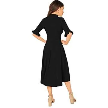 Verdusa Women's Elegant Ribbed Knit Bell Sleeve Fit and Flare Midi Dress in Black XL