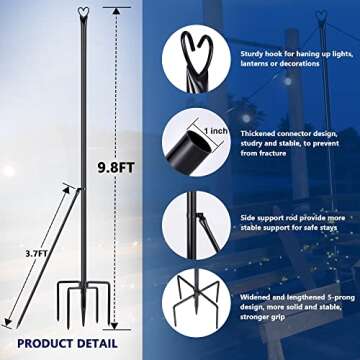 XDW-GIFTS String Light Pole - Steel Poles for Outdoor String Lights Hanging, Garden, Backyard, Patio Lighting Stand for Parties, Christmas, Wedding, 2 Pack