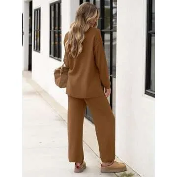 ANRABESS Women 2 Piece Outfits Oversized Loose Waffle Knit Sweater Set 2024 Fall Trendy Matching Lounge Sets Cozy Clothes brown Medium