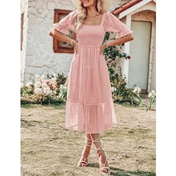 MEROKEETY Women's Summer Square Neck Puff Sleeve Boho Midi Dress Swiss Dot Ruffle Flowy Tie Back Dress,DarkPink,M