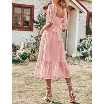 MEROKEETY Women's Summer Square Neck Puff Sleeve Boho Midi Dress Swiss Dot Ruffle Flowy Tie Back Dress,DarkPink,M