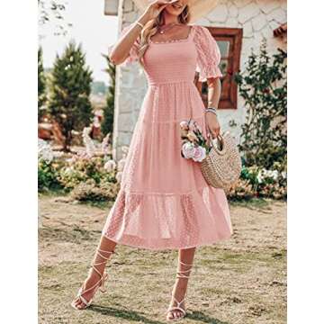 MEROKEETY Women's Summer Square Neck Puff Sleeve Boho Midi Dress Swiss Dot Ruffle Flowy Tie Back Dress,DarkPink,M