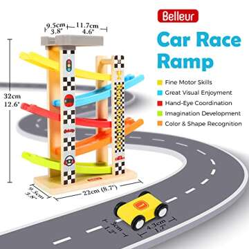 Belleur Montessori Toy for 1-3 Years Old Boys and Girls, Kid Wooden Race Track Car, Toddler Ramp Rac...