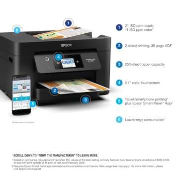 Epson WorkForce Pro WF-3820 Wireless All-in-One Printer with Auto 2-sided Printing, 35-page ADF, 250-sheet Paper Tray and 2.7" Color Touchscreen, Works with Alexa