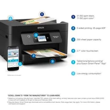 Epson WorkForce Pro WF-3820 Wireless All-in-One Printer with Auto 2-sided Printing, 35-page ADF, 250-sheet Paper Tray and 2.7" Color Touchscreen, Works with Alexa