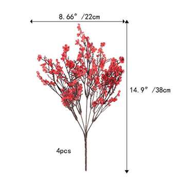 NAHUAA 4 PCS Babys Breath Artificial Flowers Bushes Fake Silk Real Touch Floral Bouquet for Fall Home Office Wedding Bouquet Party Decor（White/Red）