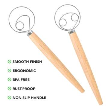 Danish Dough Whisk Two Eyes – Stainless Steel Sourdough Bread Whisk with Non-Slip Wooden Handle – Dough Whisk Baking Supplies for Bread, Pizza, Pastries – Food-Grade and Dishwasher Safe