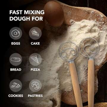 Danish Dough Whisk Two Eyes – Stainless Steel Sourdough Bread Whisk with Non-Slip Wooden Handle – Dough Whisk Baking Supplies for Bread, Pizza, Pastries – Food-Grade and Dishwasher Safe
