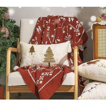 Lewondr Christmas Pillow Covers, 12x20 Inch 1PCS Soft Cute Pellet Velvet Embroidery Trees Brown White Decorative Lumbar Pillow Cover with Tassel Luxury Throw Pillow Case for Bed Home Decor Living Room