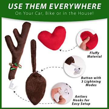 Zone Tech Christmas Car Reindeer Antlers and Heart Nose Set with Lights -Rudolph Accessory with Jingle Bell Automotive Costume Decoration for Holiday