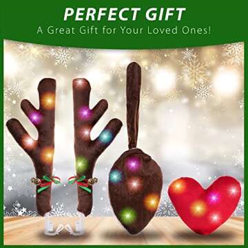 Zone Tech Christmas Car Reindeer Antlers and Heart Nose Set with Lights -Rudolph Accessory with Jingle Bell Automotive Costume Decoration for Holiday