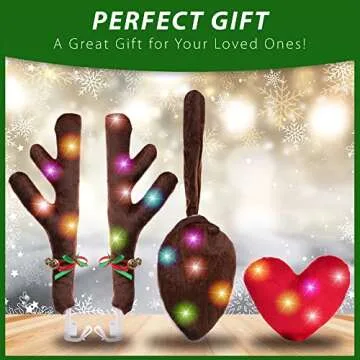 Zone Tech Christmas Car Reindeer Antlers and Heart Nose Set with Lights -Rudolph Accessory with Jingle Bell Automotive Costume Decoration for Holiday