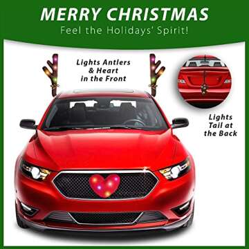 Zone Tech Christmas Car Reindeer Antlers and Heart Nose Set with Lights -Rudolph Accessory with Jingle Bell Automotive Costume Decoration for Holiday