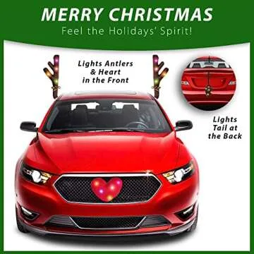 Zone Tech Christmas Car Reindeer Antlers and Heart Nose Set with Lights -Rudolph Accessory with Jingle Bell Automotive Costume Decoration for Holiday
