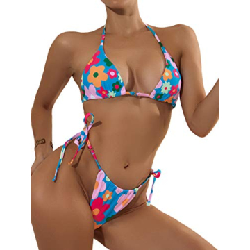Romwe Floral Print Halter Two Piece Bikini Swimsuit