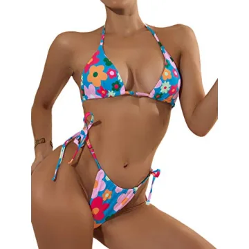 Romwe Floral Print Halter Two Piece Bikini Swimsuit
