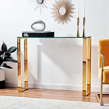 Cortesi Home Remini Narrow Contemporary Glass Console Table in Polished Gold Finish, Black Glass