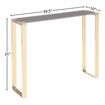 Cortesi Home Remini Narrow Contemporary Glass Console Table in Polished Gold Finish, Black Glass