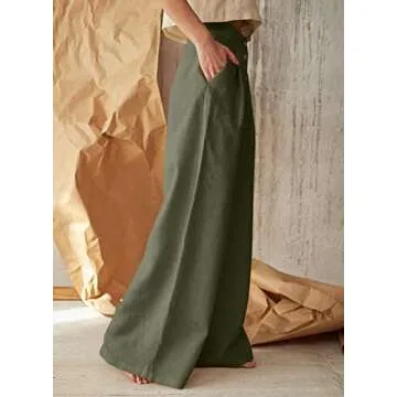 chouyatou Women's Summer High Waisted Cotton Linen Palazzo Wide Leg Casual Pants with Pockets (Medium, Green)