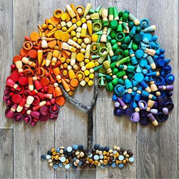 Large Set Full Rainbow Color Style Wooden Loose Parts Sensory Play Toys, Rainbow Mandala Loose Parts 7 Shapes, 27 Colors, Rainbow Stacker Nesting Toys Parts (162 PCS)…