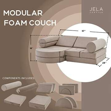 jela Kids Couch 14PCS Luxury, Floor Furniture for Adults, Playhouse Play Set for Toddlers Babies, Foam Modular Sectional Sofa (Taupe, 57''x28''x18'')