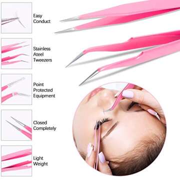 USB Air Conditioning Blower Handheld Eyelash Fan Dryer Rechargeable Eyelashes Dryer Fan Mini Portable Fans with 2 Pieces Straight and Curved Tweezers for Eyelash Extensions Women(Pink)