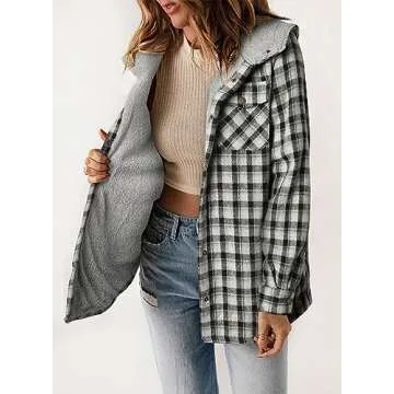 Dokotoo Womens Winter Plaid Jackets for Women Fashion Fall Button Down Long Sleeve Sherpa Shacket Jacket Women Fleece Hooded Coats Outerwear Oversized Flannel Shirts for Women with Pockets Black S