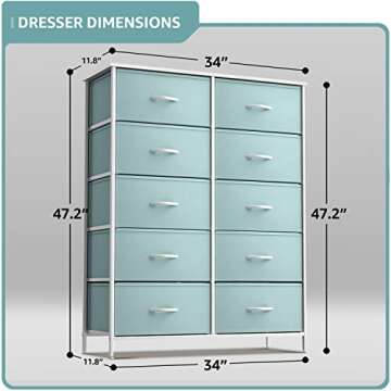 Sorbus Kids Dresser with 10 Drawers - Storage Unit Organizer Chest for Clothes - Bedroom, Kids Room, Nursery, & Closet (Aqua, 34 x 12 x 47-10 Drawer)