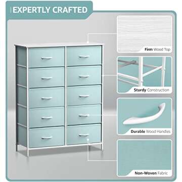 Sorbus Kids Dresser with 10 Drawers - Storage Unit Organizer Chest for Clothes - Bedroom, Kids Room, Nursery, & Closet (Aqua, 34 x 12 x 47-10 Drawer)