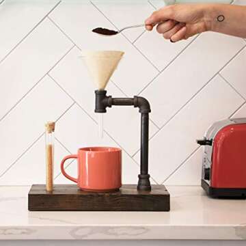 Pour Over Coffee Maker with Glass Funnel Pour Over - Pour Over Coffee Dripper - Reclaimed Wood and Pipe - 3-Cups (14 oz/400ml) (Espresso)