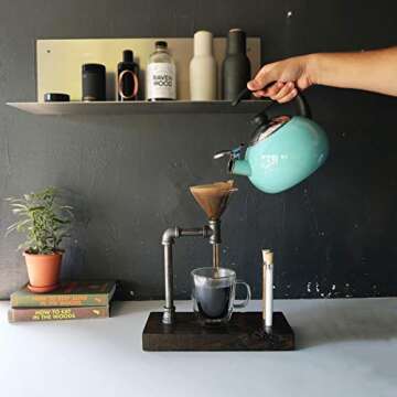 Pour Over Coffee Maker with Glass Funnel Pour Over - Pour Over Coffee Dripper - Reclaimed Wood and Pipe - 3-Cups (14 oz/400ml) (Espresso)
