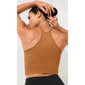 ODODOS Women's Crop 3-Pack Waffle Knit Seamless Camisole Crop Tank Tops, Clove+Green Milieu+Ginger, X-Small/Small