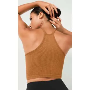 ODODOS Women's Crop 3-Pack Waffle Knit Seamless Camisole Crop Tank Tops, Clove+Green Milieu+Ginger, X-Small/Small