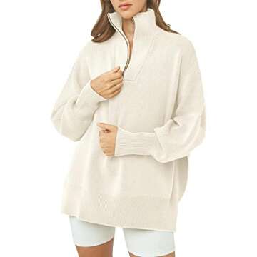 Imily Bela Womens Tunic Sweater Fall Long Sleeve 1/4 Zip Pullover Sweaters Oversized Slouchy Ribbed Knit Sweatshirt with Slit Beige