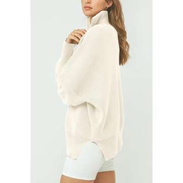 Imily Bela Womens Tunic Sweater Fall Long Sleeve 1/4 Zip Pullover Sweaters Oversized Slouchy Ribbed Knit Sweatshirt with Slit Beige