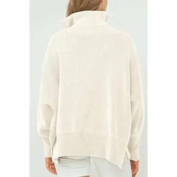 Imily Bela Womens Tunic Sweater Fall Long Sleeve 1/4 Zip Pullover Sweaters Oversized Slouchy Ribbed Knit Sweatshirt with Slit Beige