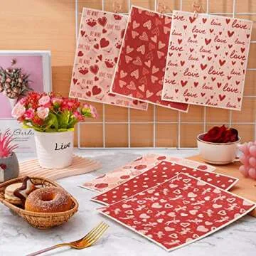 Whaline Valentine's Day Swedish Dishcloths Heart Rose Flower Kitchen Dish Towel Reusable Pink Series Cotton Kitchen Towel for Home Party Cleaning Housewarming, 7 x 8 Inch, 6 Pack