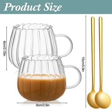 Zubebe Vintage Glass Coffee Mugs Set of 2 14 oz Vertical Stripes Glass Cappuccino Mugs with Spoons Clear Ribbed Glass Cups with Handle Tea Latte Cup for Espresso Drinking Glassware Beverage Birthday