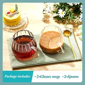 Zubebe Vintage Glass Coffee Mugs Set of 2 14 oz Vertical Stripes Glass Cappuccino Mugs with Spoons Clear Ribbed Glass Cups with Handle Tea Latte Cup for Espresso Drinking Glassware Beverage Birthday