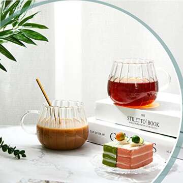 Zubebe Vintage Glass Coffee Mugs Set of 2 14 oz Vertical Stripes Glass Cappuccino Mugs with Spoons Clear Ribbed Glass Cups with Handle Tea Latte Cup for Espresso Drinking Glassware Beverage Birthday
